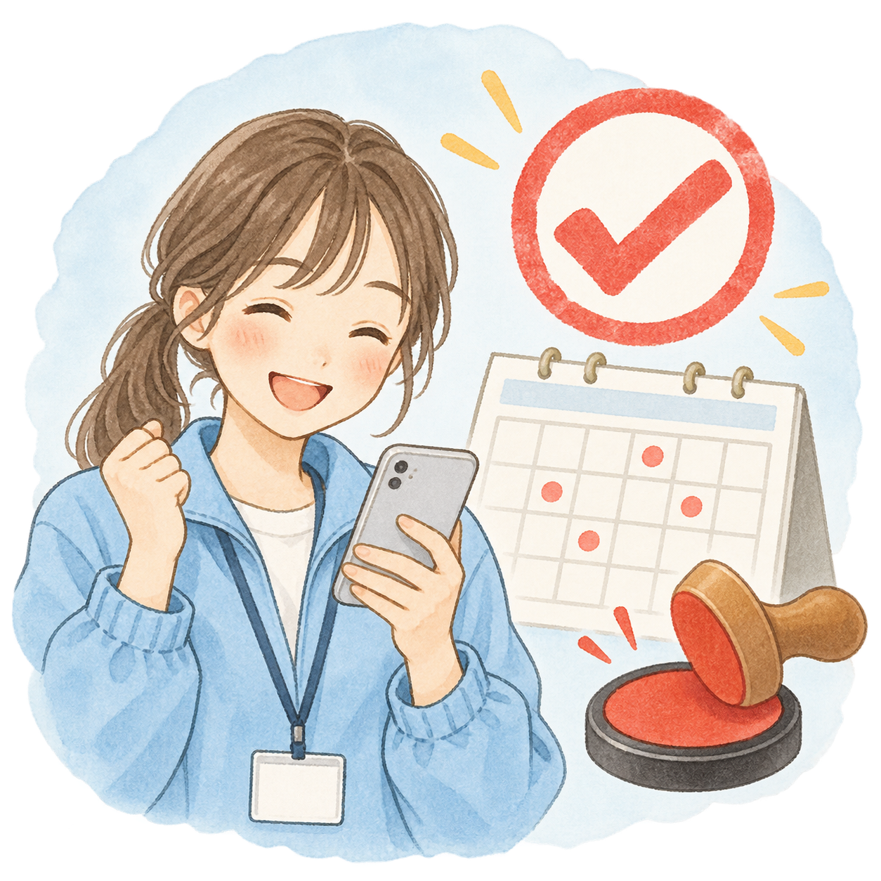 本部承認を示すスタンプと確定カレンダーを確認する女性スタッフ